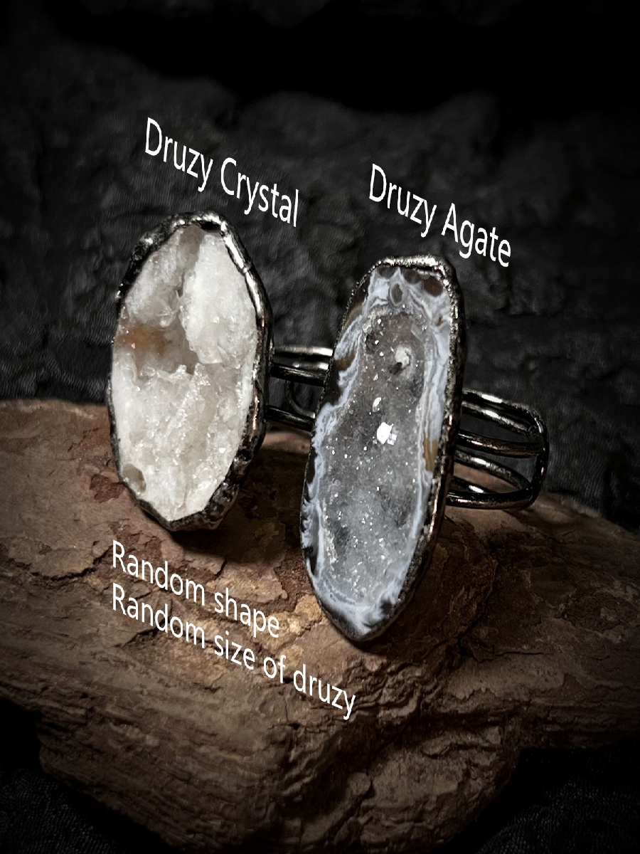 Raw Geode Crystal Ring · Adjustable Antique Silver Druzy Ring for Clarity - Image 3