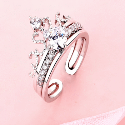 Korean Style Crown Zircon Adjustable Ring – Sparkling Open Ring for Women
