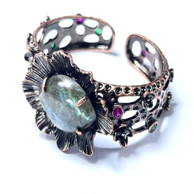 Raw Labradorite Crystal Cuff Bracelet | Adjustable Antique Copper Floral Design