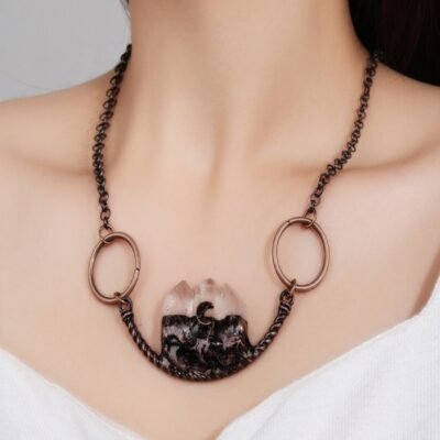 Clear Quartz Cluster Moon Pendant Necklace · Handmade Copper Electroformed Design