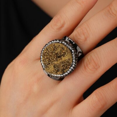 Gold Agate Druzy Ring | Adjustable Black Crystal Statement Ring