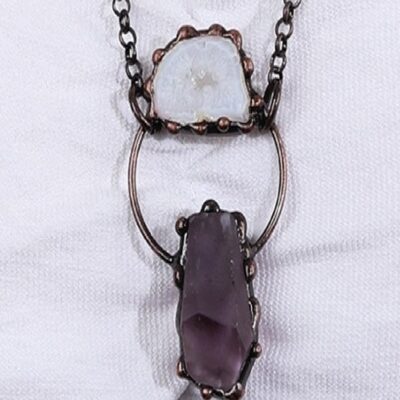 Raw Amethyst & Agate Geode Pendant · Copper Electroformed Necklace | Boho Crystal Jewelry