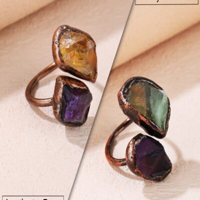 Raw Amethyst Citrine Fluorite Ring · Adjustable Copper Crystal Ring for Energy Balance & Clarity