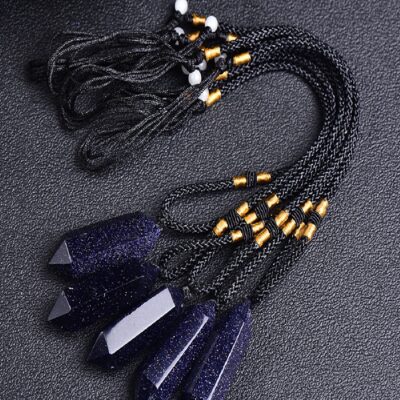Blue Goldstone Double Point Pendant | Crystal Necklace for Confidence & Focus
