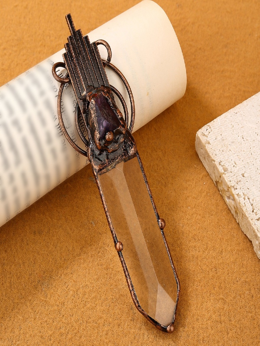 Clear Quartz Sword Pendant with Raw Amethyst · Antique Copper Crystal Talisman - Image 2