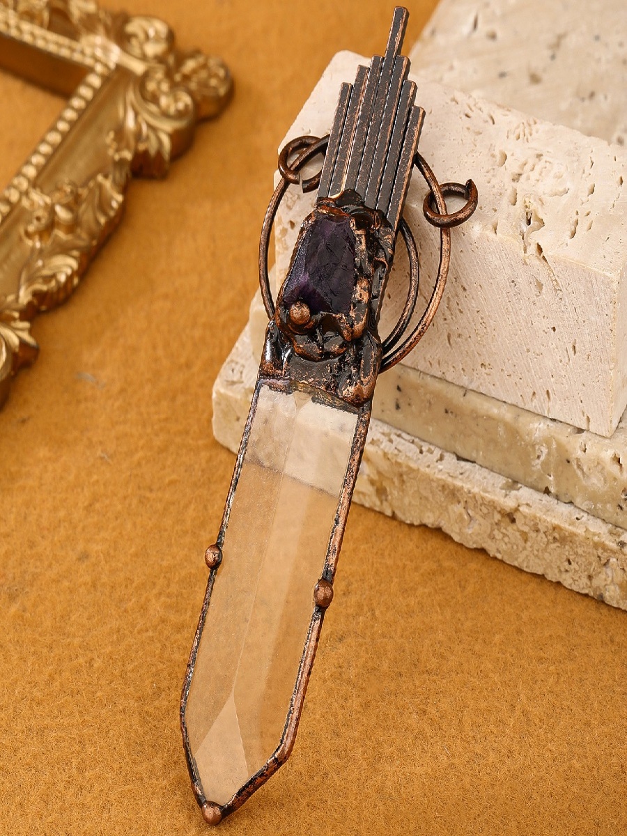 Clear Quartz Sword Pendant with Raw Amethyst · Antique Copper Crystal Talisman - Image 3