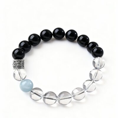 Natural Clear Quartz, Obsidian & Aquamarine Bracelet for Protection & Balance