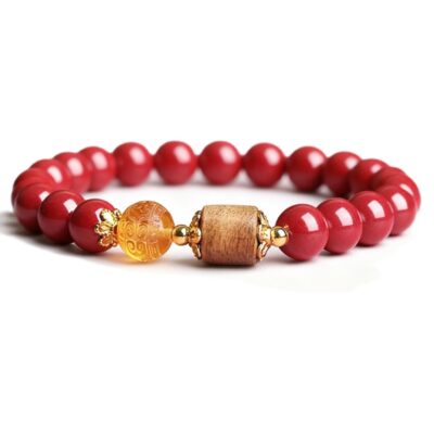 Natural Cinnabar, Amber & Agarwood Bracelet for Protection & Peace