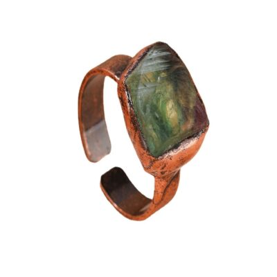 Raw Green Fluorite Ring · Handmade Adjustable Bronze Ring