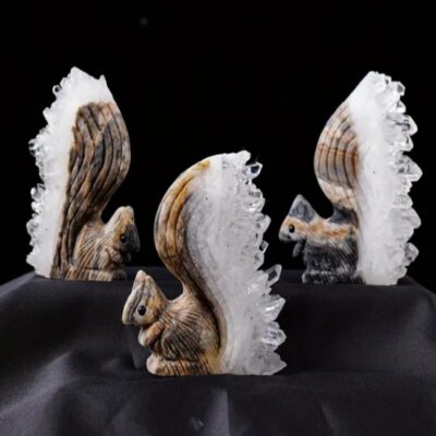 ArvnDao Natural Crystal Squirrel Carving with Flower Quartz Cluster
