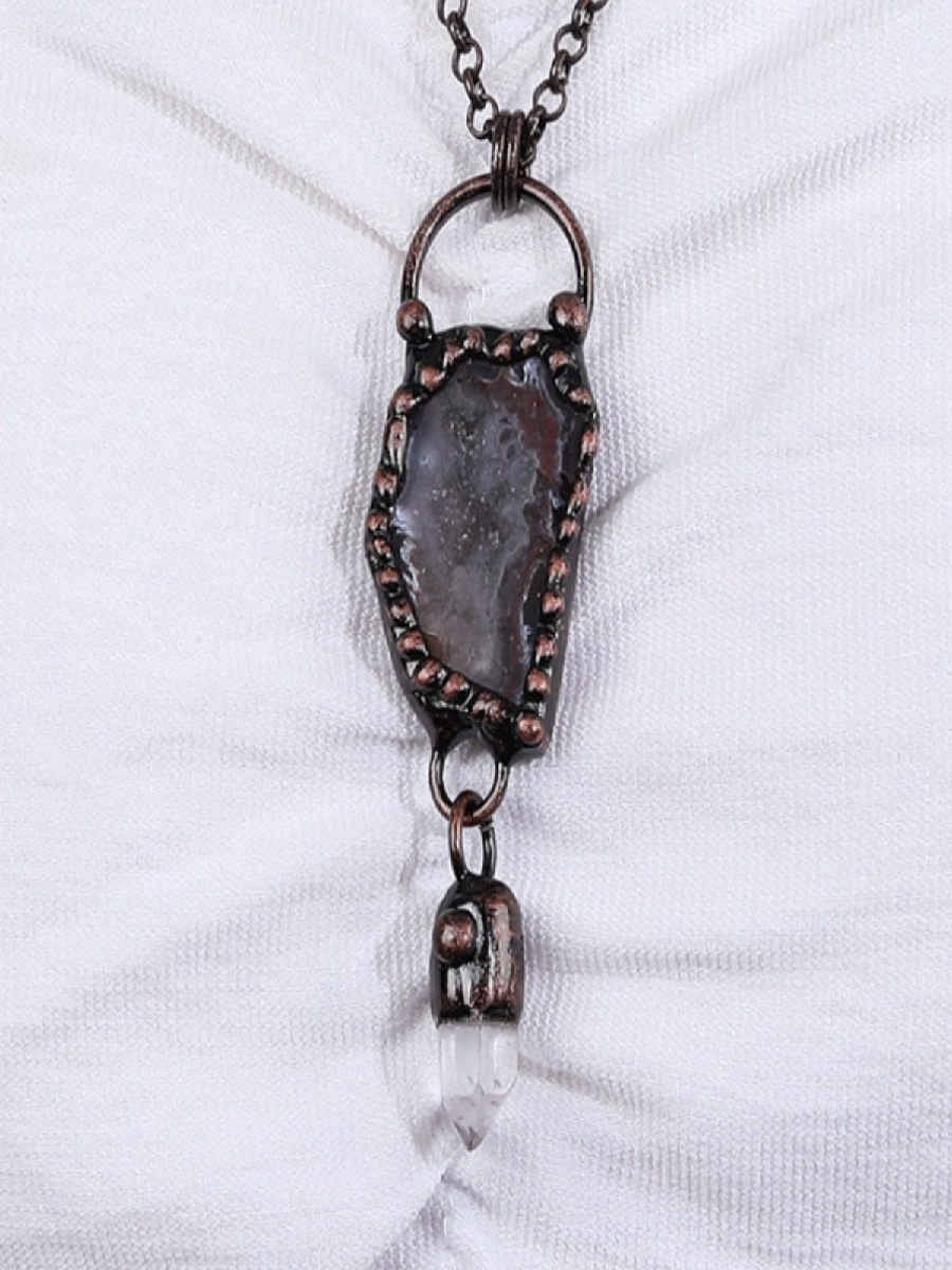 Agate Geode Pendant Necklace with Clear Quartz Point · Raw Crystal Jewelry - Image 3