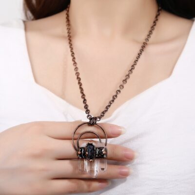 Clear Quartz Point Necklace with Raw Amethyst · Copper Pendant