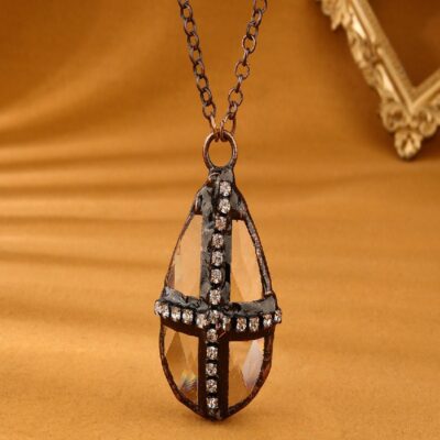 Crystal Teardrop Pendant Necklace · Vintage Copper & Rhinestone Design