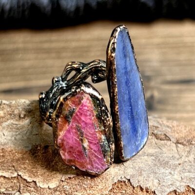 Raw Ruby & Kyanite Ring | Dual Natural Stone Adjustable Open Copper Ring