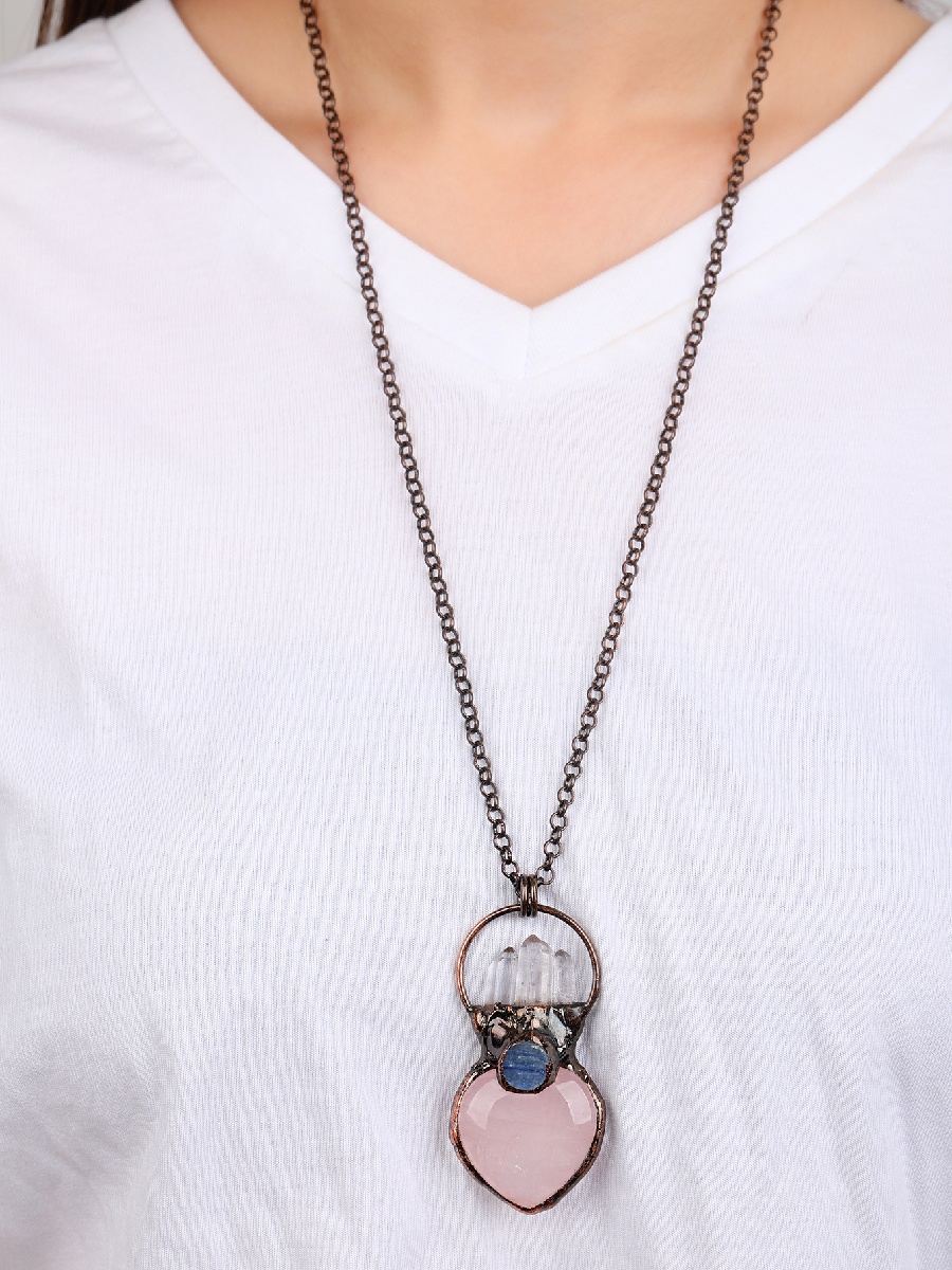 Rose Quartz Heart Necklace with Clear Quartz & Kyanite · Raw Crystal Pendant | ArvnDao - Image 2