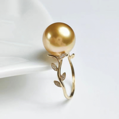 Golden South Sea Pearl Ring – Adjustable Gold-Plated Leaf Design, Natural Round Golden Pearl