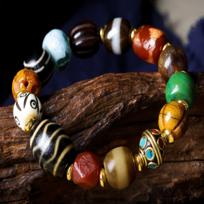 Tibetan Dzi Tiger Tooth Bracelet with Yak Bone, Agate & Mixed Gemstones