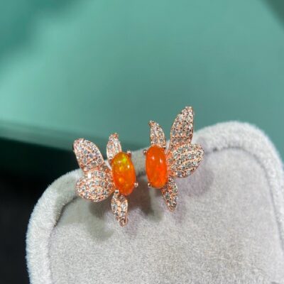 Fire Opal Stud Earrings in Sparkling Pavé Setting | Fiery Play-of-Color Gemstone Jewelry