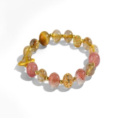 Natural Golden Rutilated Quartz & Strawberry Crystal Taurus Zodiac Bracelet