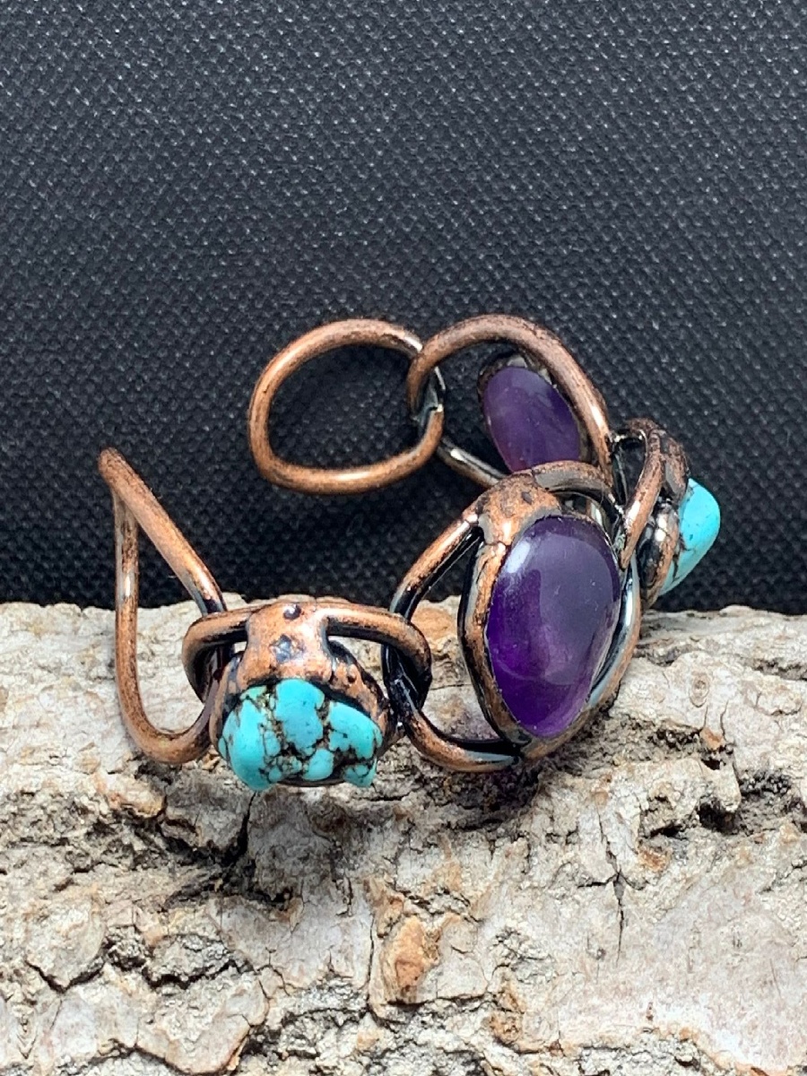 Amethyst & Turquoise Twisted Copper Cuff · Adjustable Raw Stone Bracelet - Image 3