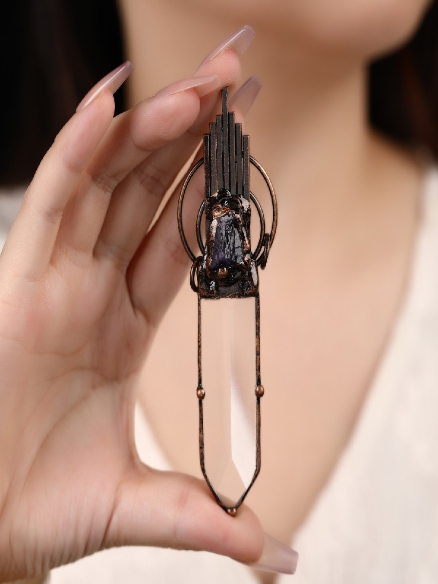 Clear Quartz Sword Pendant with Raw Amethyst · Antique Copper Crystal Talisman - Image 5
