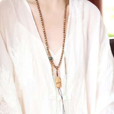 Mysore Sandalwood Green Tara Pendant Necklace | Natural Aromatic Wood Mala