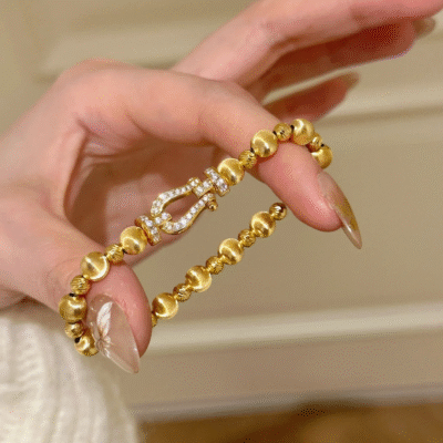 Cat’s Eye Bracelet with Crystal Horseshoe Clasp – Gold Beaded Luck Bracelet