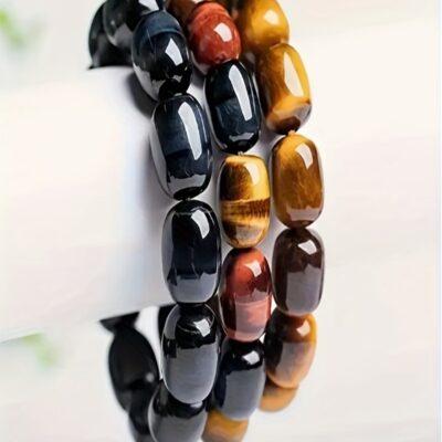 Natural Triple-Color Tiger Eye Barrel Bracelet | Protection & Confidence Crystal