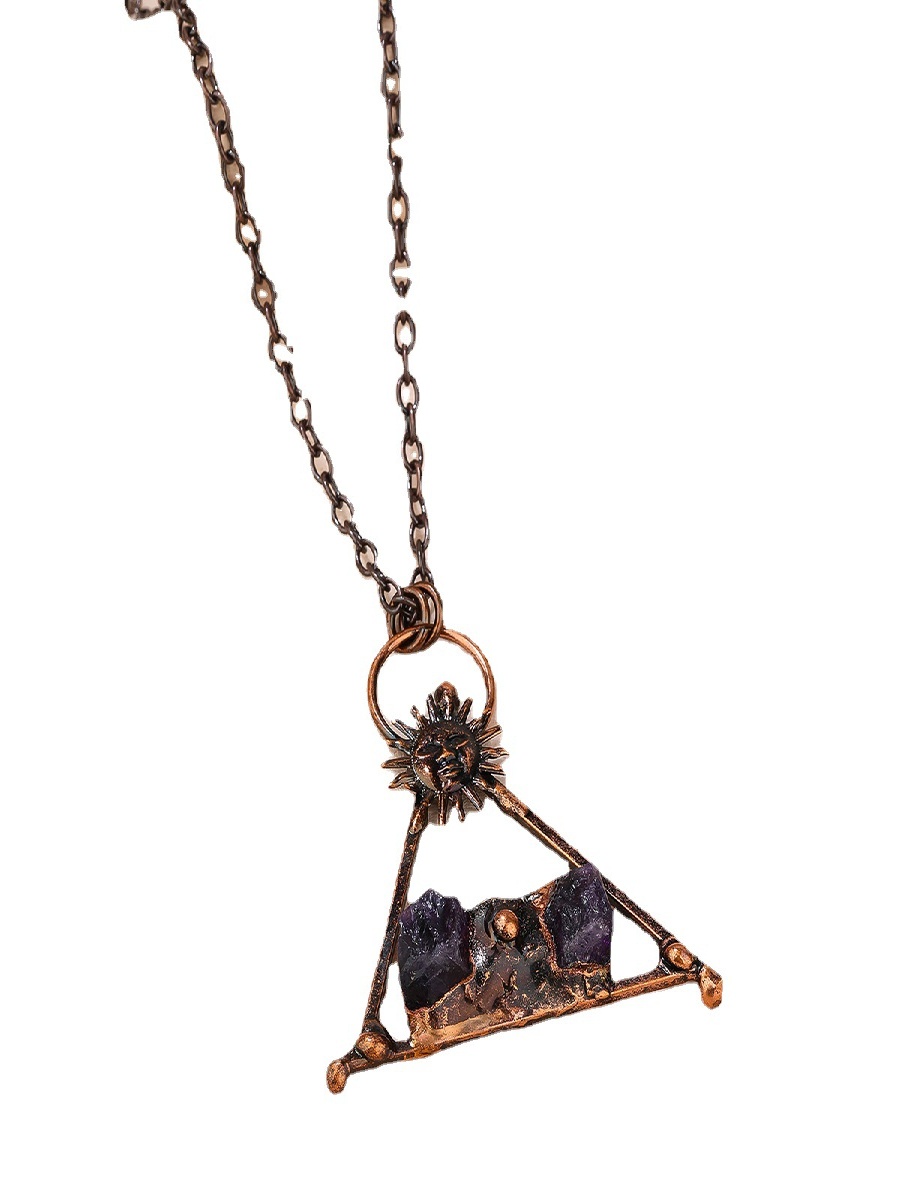 Raw Amethyst Triangle Pendant Necklace | Sun Emblem Copper Crystal Necklace · ArvnDao
