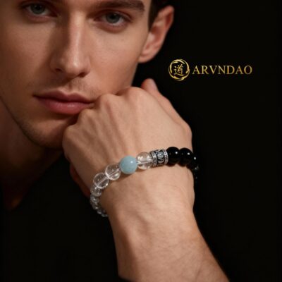 Natural Clear Quartz, Obsidian & Aquamarine Bracelet for Protection & Balance