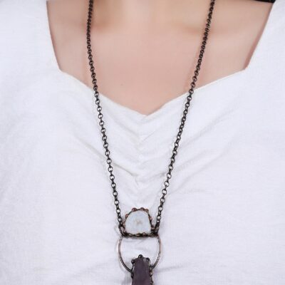 Raw Amethyst & Agate Geode Pendant · Copper Electroformed Necklace | Boho Crystal Jewelry