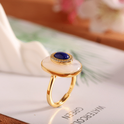 White Shell & Lapis Lazuli Adjustable Ring – Gold-Plated Micro-Pave Zircon Setting