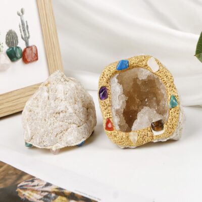 Moroccan Agate Geode Crystal Bowl with Clear Quartz Clusters for Cleansing & Décor