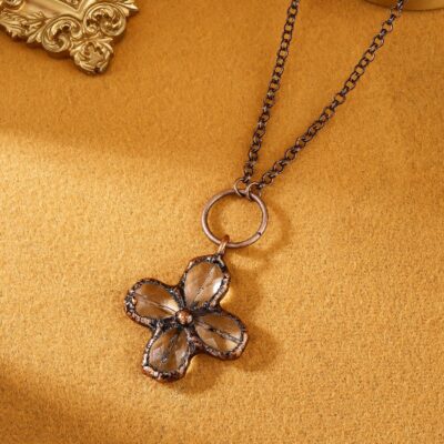 Clear Crystal Four Leaf Clover Necklace | Vintage Copper Lucky Pendant