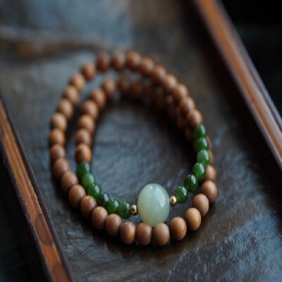 Sandalwood Bracelet with Jade Beads, Double Wrap Natural Prayer Beads