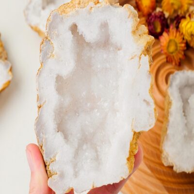 White Quartz Agate Geode Slice | Natural Crystal Cluster for Cleansing & Home Décor