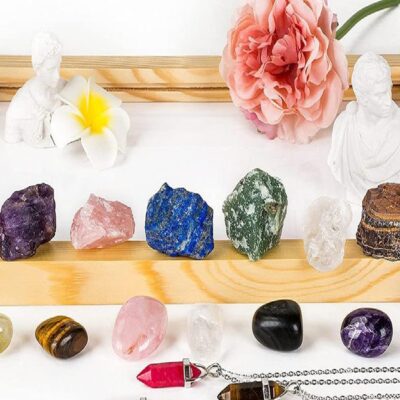 18PCS Natural Crystal Healing Box Set – Tumbles + Raw Stones + Pendulum + Wooden Box – Chakra Balancing & Energy Cleansing Kit