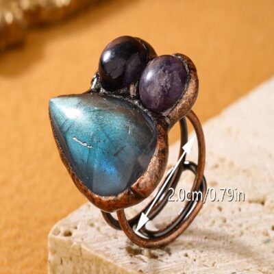 Labradorite & Amethyst Adjustable Ring | Raw Crystal Duo Open Bronze Ring