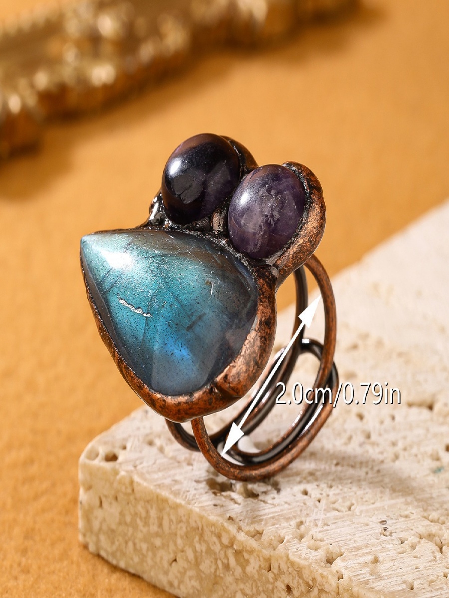 Labradorite & Amethyst Adjustable Ring | Raw Crystal Duo Open Bronze Ring - Image 2