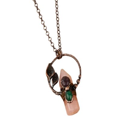 Crystal Point Pendant with Amethyst & Green Chalcedony · Antique Copper Leaf Necklace