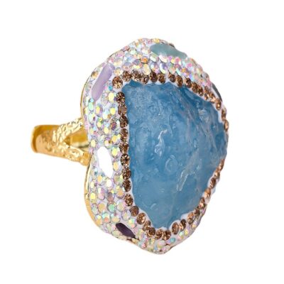 Raw Amethyst & Aquamarine Adjustable Ring | Crystal Cluster Gold Ring