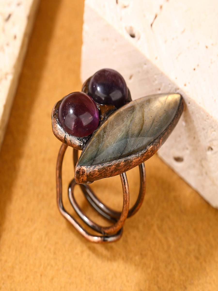 Labradorite & Amethyst Adjustable Ring | Raw Crystal Duo Open Bronze Ring - Image 3