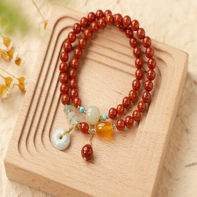 Natural Red Agate Double-Layer Bracelet with Jade Charm & Carnelian Beads for Protection