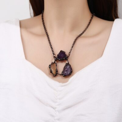 Amethyst & Citrine Raw Crystal Necklace · Handmade Copper Pendant