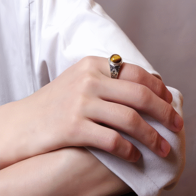 Natural Tiger’s Eye Adjustable Ring – 925 Silver Carved Setting