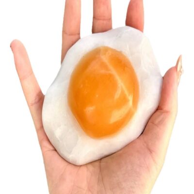 Natural Calcite Fried Egg Crystal Carving – Hand-Carved Yellow Calcite Egg Yolk & White Quartz “Sunny-Side-Up” Stone
