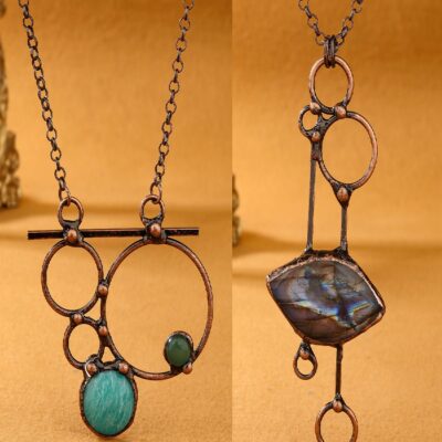 Labradorite & Amazonite Geometric Pendant Necklace | Handmade Vintage Copper Design