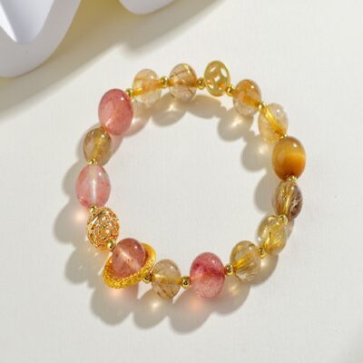 Natural Golden Rutilated Quartz & Strawberry Crystal Taurus Zodiac Bracelet