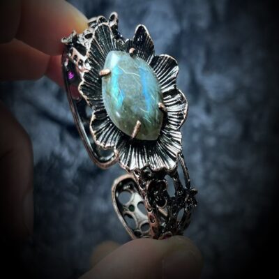 Labradorite Copper Cuff Bracelet | Floral Antique Design | Adjustable Crystal Jewelry