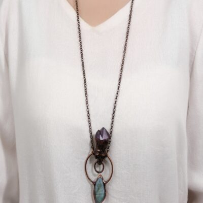 Labradorite & Amethyst Skull Pendant Necklace · Vintage Copper